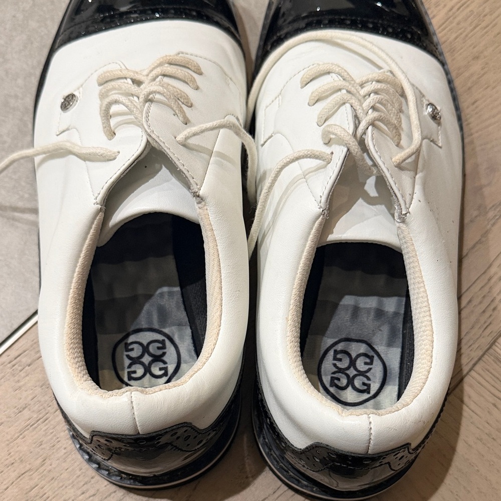 White and Black Cap-Toe Men's G/Fore Golf Shoes - Picture 2 of 3